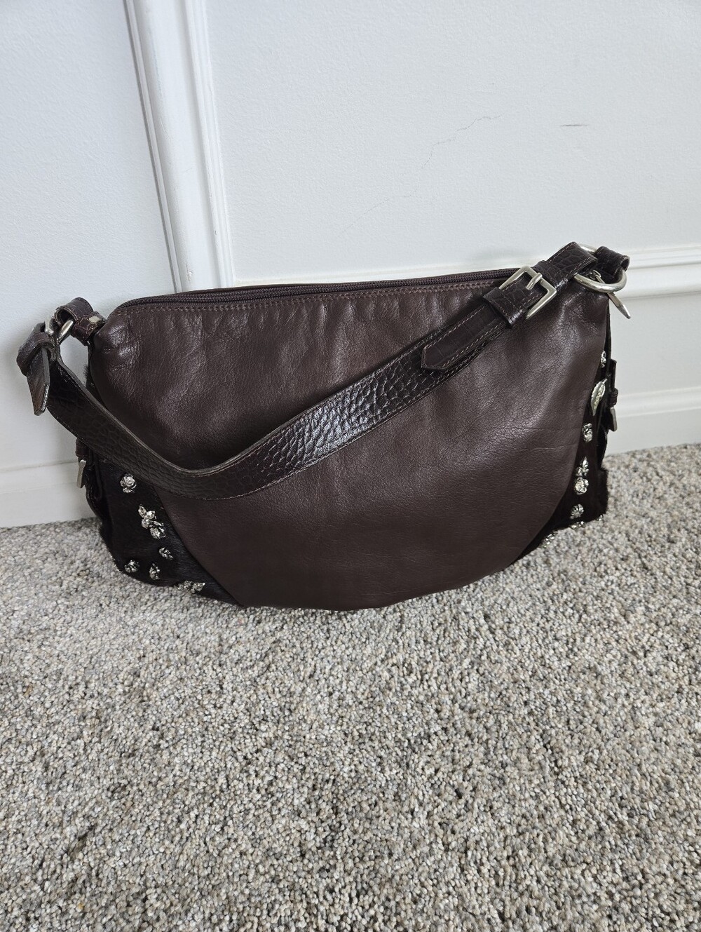 Berge Brown Leather Calfhair Hobo Shoulder Bag Charms Rhinestone Made in Italy